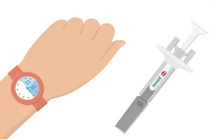 A hand with a watch and a syringe

Description automatically generated